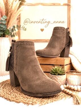 Taupe Cruelty-Free Suede Ankle Boots w/Tassels and Woodgrain Block Heel